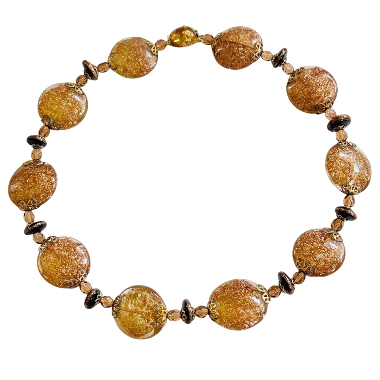 Vtg Murano Venetian Glass Necklace Chunky Gold Fleck Foil Beads Italy Choker 17"